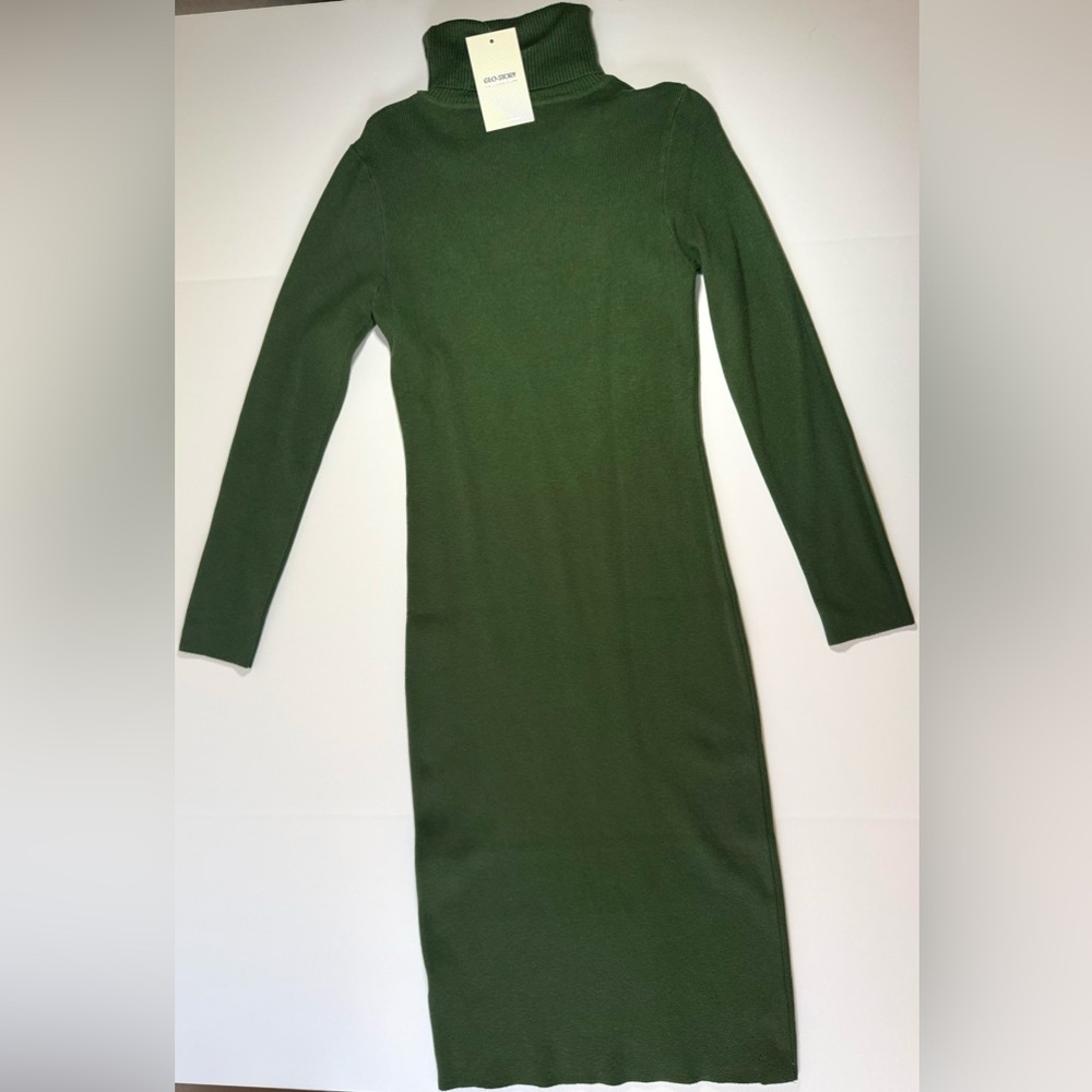 NWT Midi Knitted Ribbed Turtleneck Bodycon Sweater Dress Green Size M/L - Picture 2 of 13